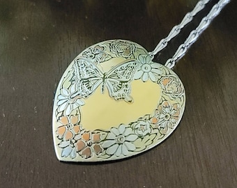 Vintage Reed Barton Heart Pendant Necklace Butterfly Flower