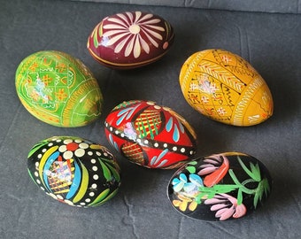 Vintage Polish Easter Eggs set of 6 Pysanky Hand Painted Wood 1970s Polish Folk Art Flowers Easter Decor #1