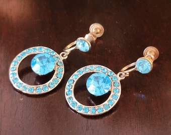 Vintage Blue Topaz Rhinestone Dangle Earrings Gold Tone Screw Back