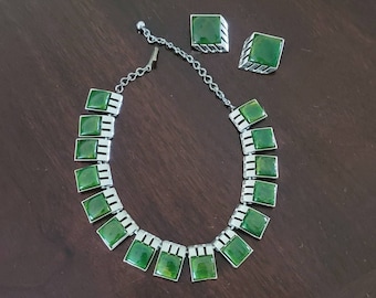 Green Bakelite Choker Necklace and Earring Set Silver Tone 1960s Demi Parure