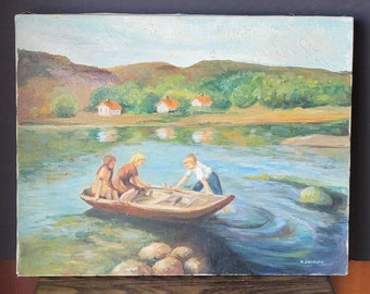 Dipinto ad olio vintage firmato su tela Bambini in barca a remi Montagne del lago senza cornice