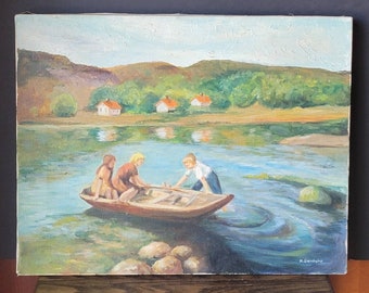 Vintage gesigneerd olieverfschilderij kinderen in roeiboot ingelijste bergen meer