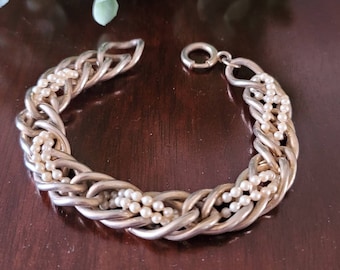 Vintage Kunstperlen dickes klobiges goldfarbenes Gliederarmband 20 cm lang