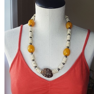 Vintage Chunky Carved Tagua Nut Bead Necklace Summer White Yellow Brown Statement Jewelry