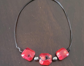 Chunky Red Coral Leather Choker Necklace with Sterling Silver Clasp