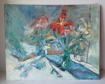 Vintage Impressionist Still Life Oil Painting of Flowers in a Mirror by Rosemary Rabut 16x20 Philly Philadelphia Artist