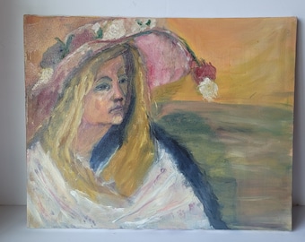 Vintage Portrait Woman in Floral Hat Oil Painting by Rosemary Rabut 16x20 Yellow Green Pink