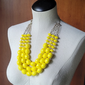 Chunky Faceted Yellow Multi Strand Beaded Necklace and Earring Set Adjustable Length Statement Large Multi Strand Jewelry Acrylic