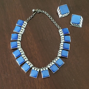 Blue Thermoset Choker Necklace and Earring Set Silver Tone 1960s