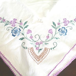 Vintage Embroidered Flower Tablecloth 47.25x42.75" Rectangle Purple Blue Green Linen Floral Hand Embroidery Kitchen Dining