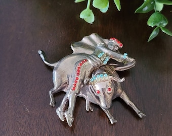 Vintage Sterling Silver Bullfighter Matador and Bull Brooch Pin
