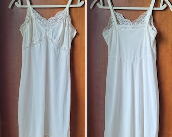 Vintage Off White Midi Slip Dress Lace Bust Hem Adjustable Straps Lingerie Midi Dress