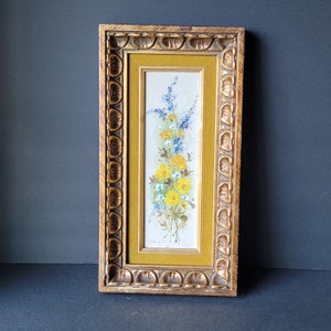 Vintage Framed Original Floral Oil Painting Still Life Signed Gold Frame Yellow Blue Flowers