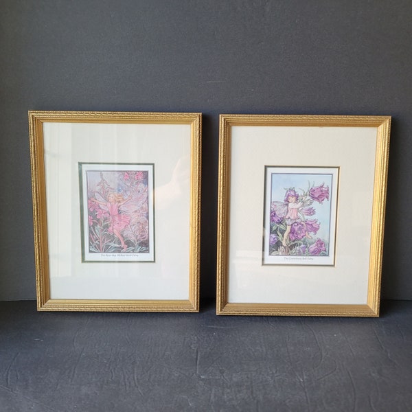 Vintage Pair of Framed Matted Fairy Prints by Cicely Mary Barker Set of 2 Pink Purple