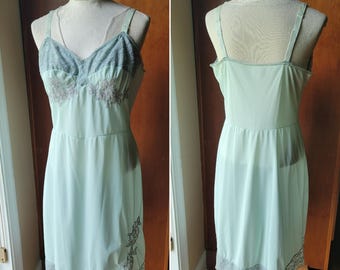 Vintage Baby Blue Midi Slip Dress Nightgown Gray Lace Trim Adjustable Spaghetti Straps