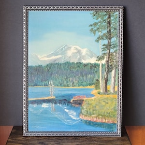 Vintage Original Framed Oil Painting on Board Signed Lake Mountains Trees Woods