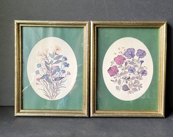 Vintage Pair of Framed Small Botanical Floral Prints Set of 2