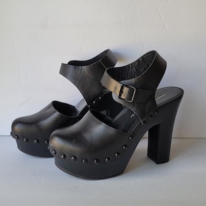 Loeffler Randall Womens Black Leather Platform Clog Chunky Heel Shoes Size 9