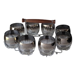 Vintage Mid Century Dorothy Thorpe Style Silver Fade Roly Poly Glasses with Caddy Set of 8