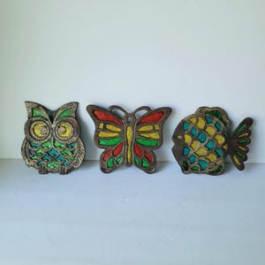 Vintage Foil Stained Glass Metal Trivet Set of 3 Butterfly Owl Fish