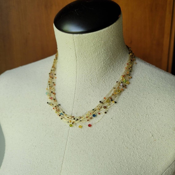 Multi Strand Gold Thread Necklace with Colorful B… - image 1