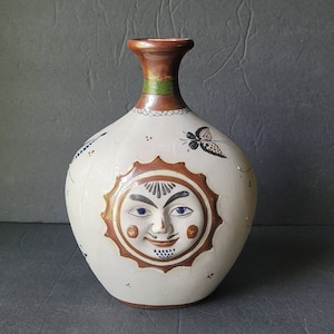 Vintage Sun Face Tonala Vase Signed Santana Made in Mexico