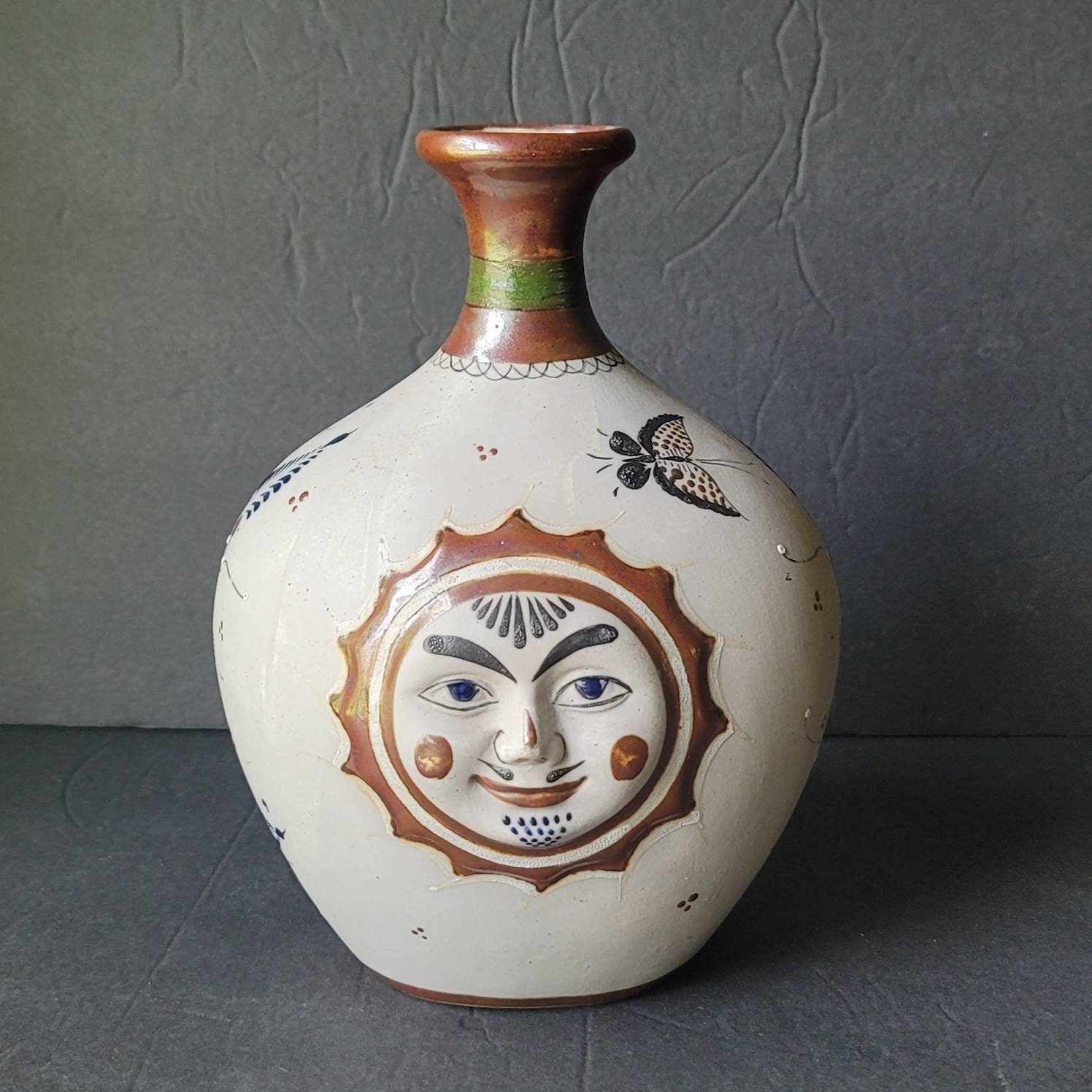 Vintage Sun Face Tonala Vase signiert Santana Made in Mexico
