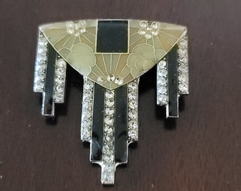 Vintage Pierre Bex Art Deco Brooch Pin Black Enamel Rhinestones Flowers