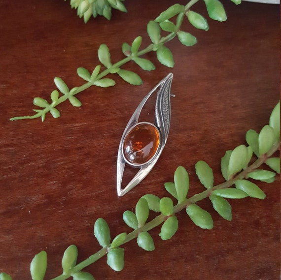 Vintage Sterling Silver Amber Pin Brooch 925 Art … - image 2