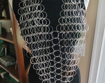 Large Chunky Silver Tone Chainmail Style Drape Statement Bib Top Necklace