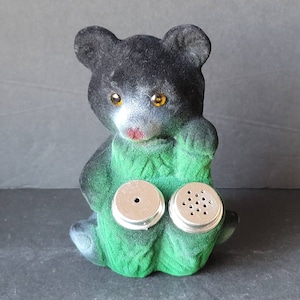 Vintage Flocked Black Bear Cub Hugging Tree Salt and Pepper Shaker Set Made in Hong Kong NEW