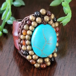 Vintage Beaded Leather Faux Turquoise Cocktail Ring Adjustable Statement Boho