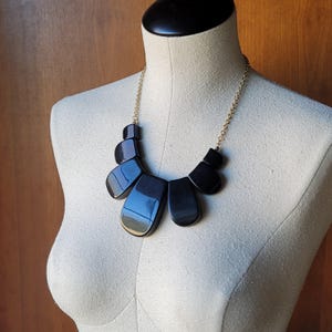 Large Black Lucite Bib Statement Necklace Gold Tone Chunky Dramatic
