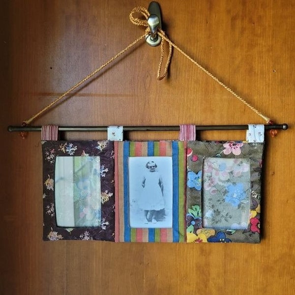 Vintage Anthropologie Quilted Fabric Hanging 3 Photo Picture Frame