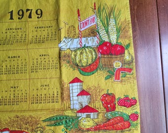 Calendario vintage de 1979, estilo campestre, toalla de cocina, paño de cocina, paño de cocina, frutas y verduras, mantelería
