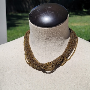 Vintage Bronze Seed Bead Multi Strand Necklace Statement Jewelry
