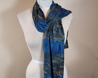 Blue and Gold Batik Print Head Neck Scarf 9.5 x 62"