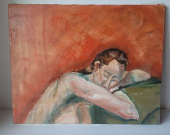 Vintage Portrait Nude Woman Sleeping Oil Painting by Rosemary Rabut 16x20 Philadelphia Artist 1993