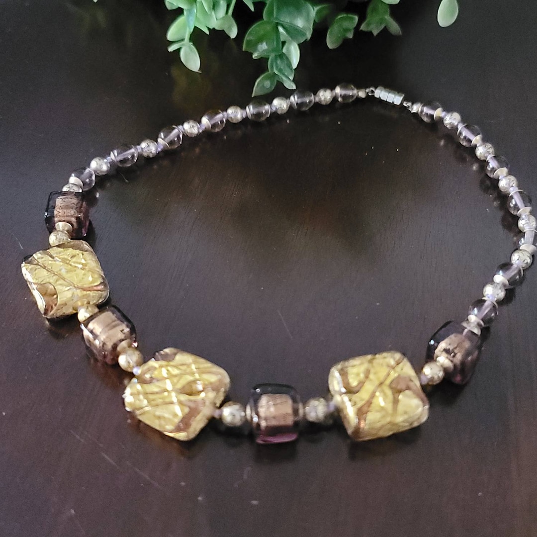 Collier Vintage Ras Du Cou En Grosses Perles De Verre De Murano Noir Et Violet