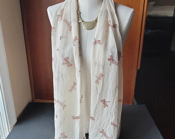 Dragonfly Print 11.25 x 59.25" Head Neck Scarf Cream Black Brown Mauve