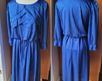 Vintage 80s Layered Front Blue Satin Striped Print 3/4 Sleeve Midi Dress Ruffle Sleeve Tie Elastic Waist Made in USA