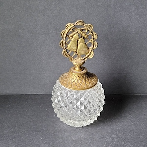Vintage Ornate Gold Metal and Cut Glass Perfume Bottle with Stopper and Attached Dauber Made in England