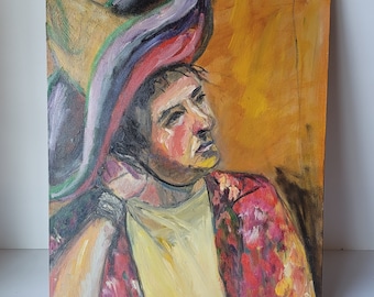 Vintage Portrait "Man in Sombrero" Expressionist Oil Painting by Rosemary Rabut 16x20 Red Orange Yellow Philadelphia Artist