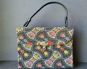 Vintage Needlepoint Black Floral Twist Lock Top Handle Purse Handbag Tapestry