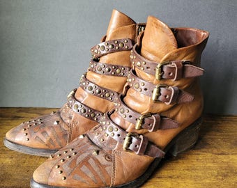 A.S.98 Brown Leather Studded Buckle Ankle Boots Sz 7.5 / 38 Western Boho