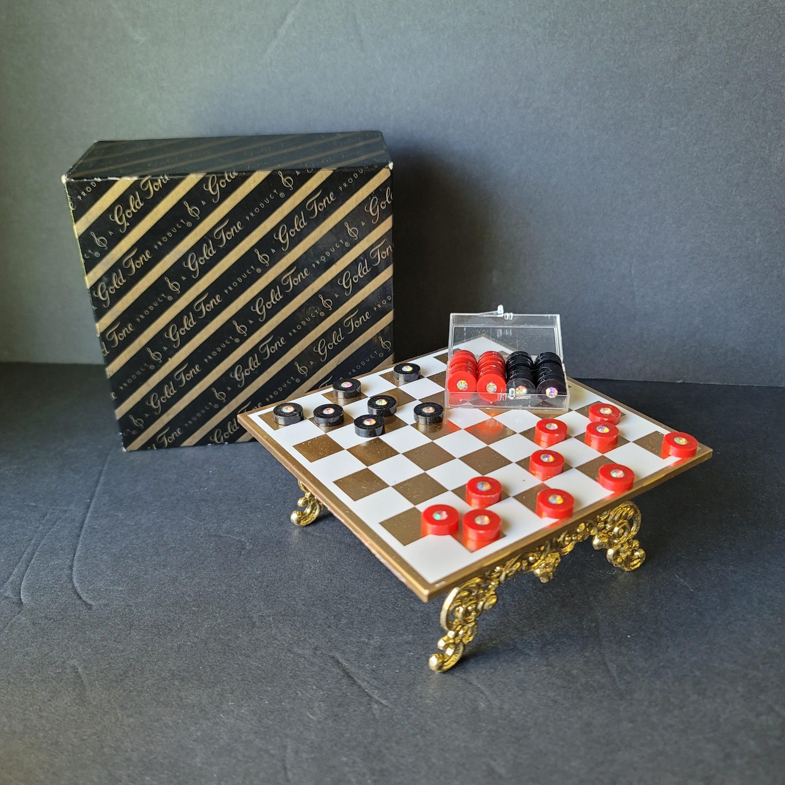 Vintage Gold Tone Product Miniature Magnetic Checkers Set with Gold Base