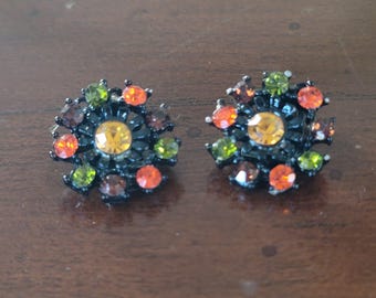 Vintage Black Japanned Florenza? AB Rhinestone Brown Orange Green Yellow Clip on Earrings
