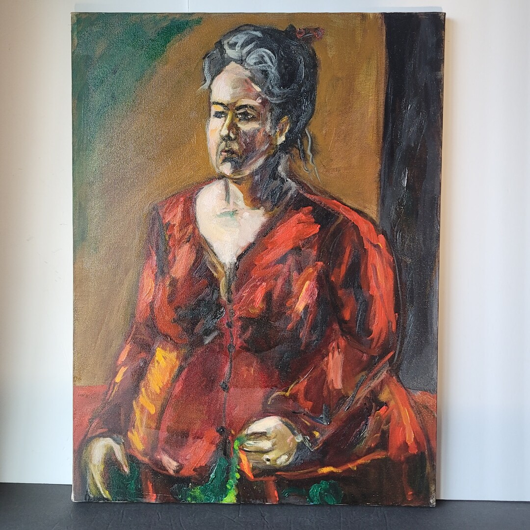 Vintage Portrait "woman in Red Dress" Expressionist Oil Painting by ...