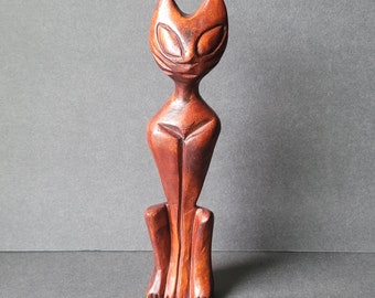 Vintage Mid Century Modern Hand Carved Teak Wood Siamese Cat Sculpture Figurine MCM