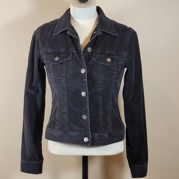 Vintage London Jean Black Sherpa Lined Corduroy Jean Jacket Sz S Distressed